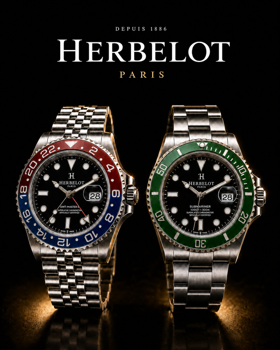 Duo GMT-Master II Pepsi + Submariner Date Lunette Verte - HERBELOT Paris