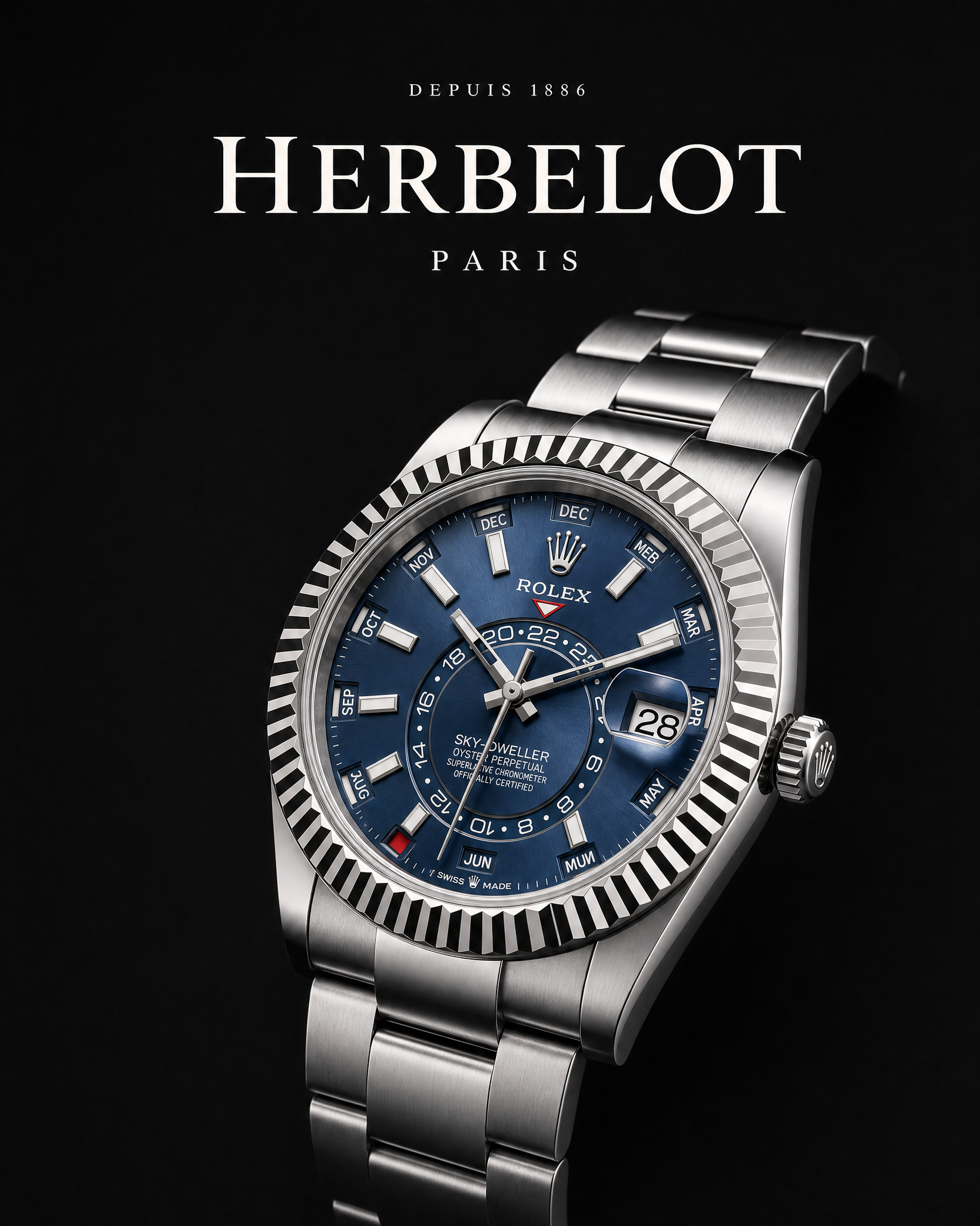 RLX Sky-Dweller Acier et Or Blanc Cadran Bleu - HERBELOT Paris